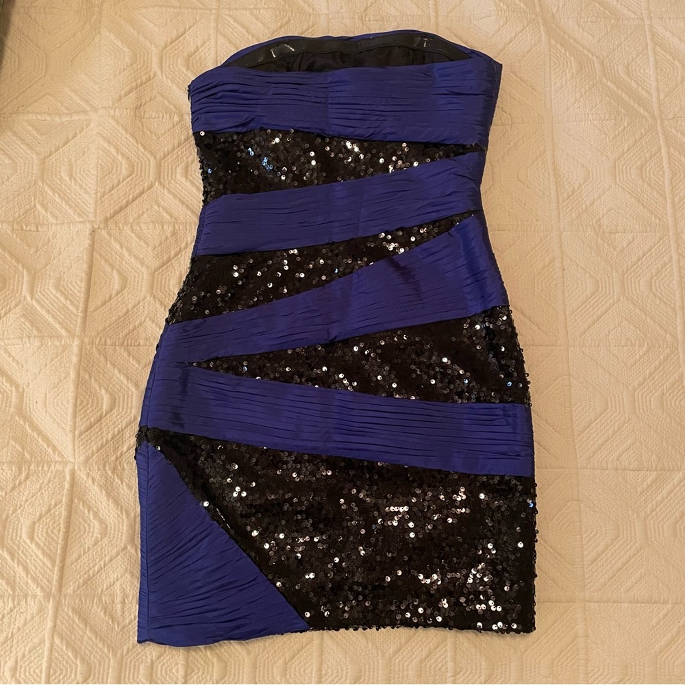 Strapless cocktail  - royal blue with black sequin inserts.  25 waist. 33 hip